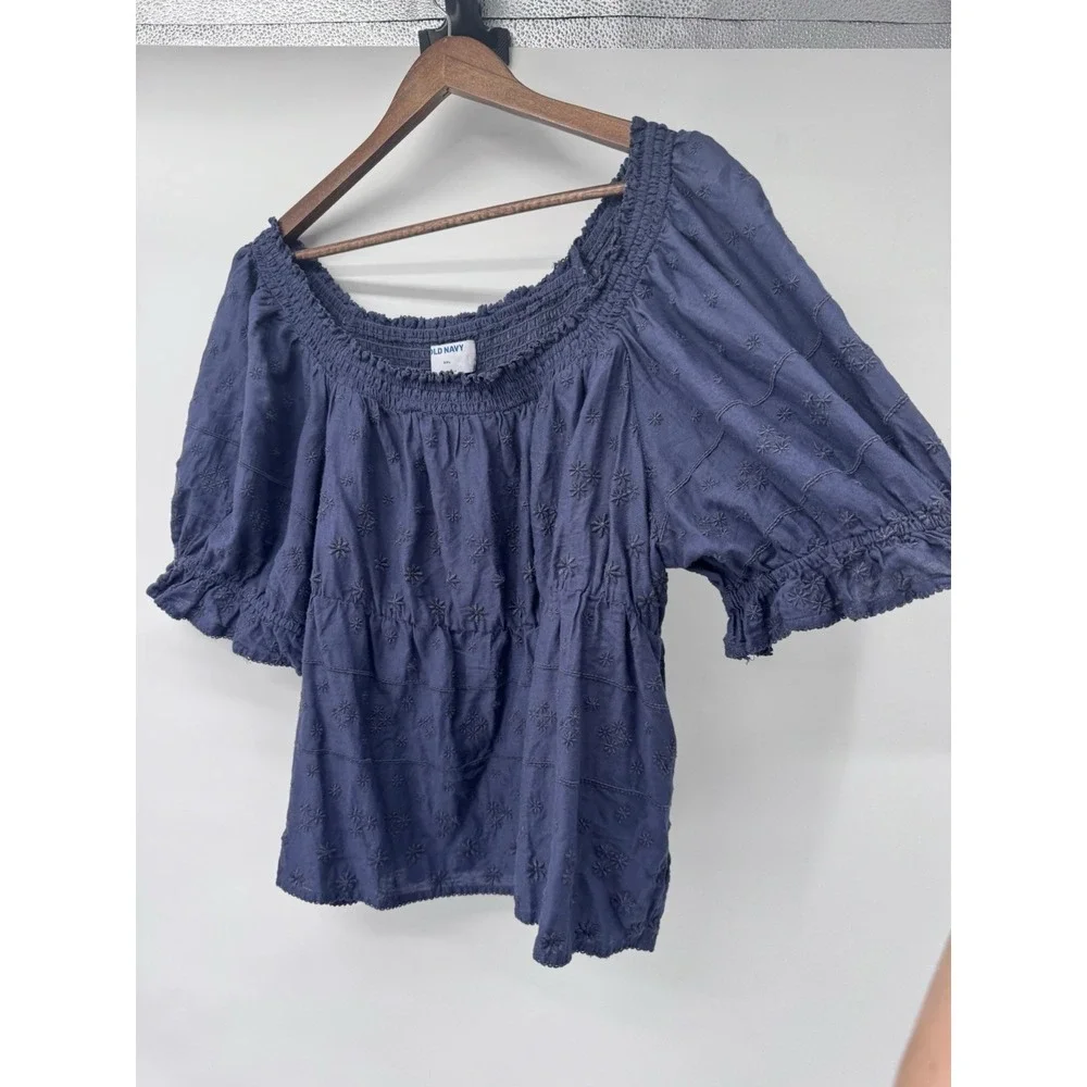 Old‎ Navy 2X Blue Floral Embroidered eyelet Smocked Blouse cottage puff sleeve